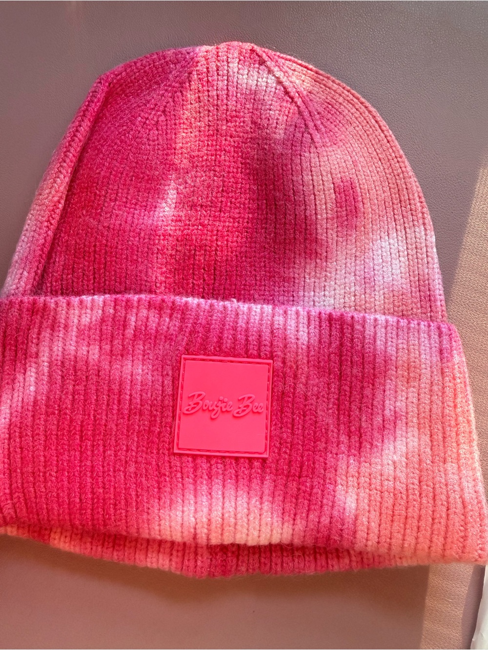 Women's Pink Tie-Dye Knit Beanie with Branded Patch
